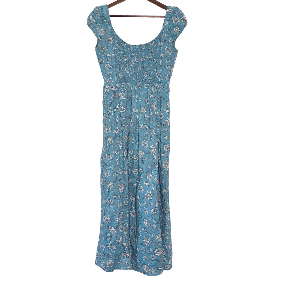 Boden Teal Blue Floral Smocked Midi‎ Dress Cotton 100% Petite US 6P UK 10P
